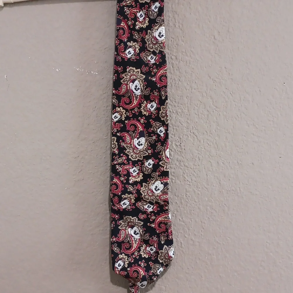 Black Mickey Mouse Pattern Tie with Red and Gold Accents - Men Accessories
